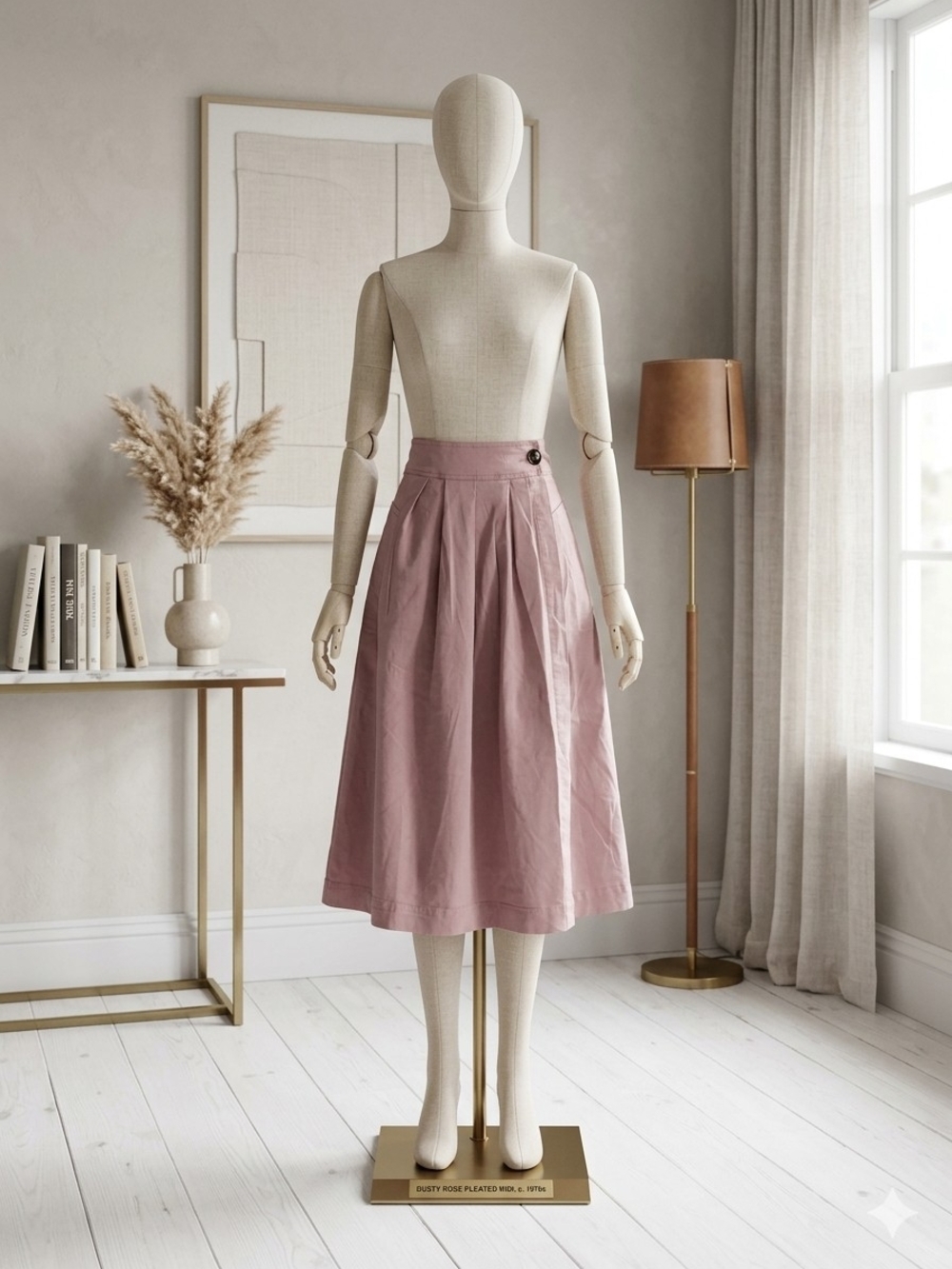 High-Rise Midi Skirt in Dusty Rose with Button-Accent Waist